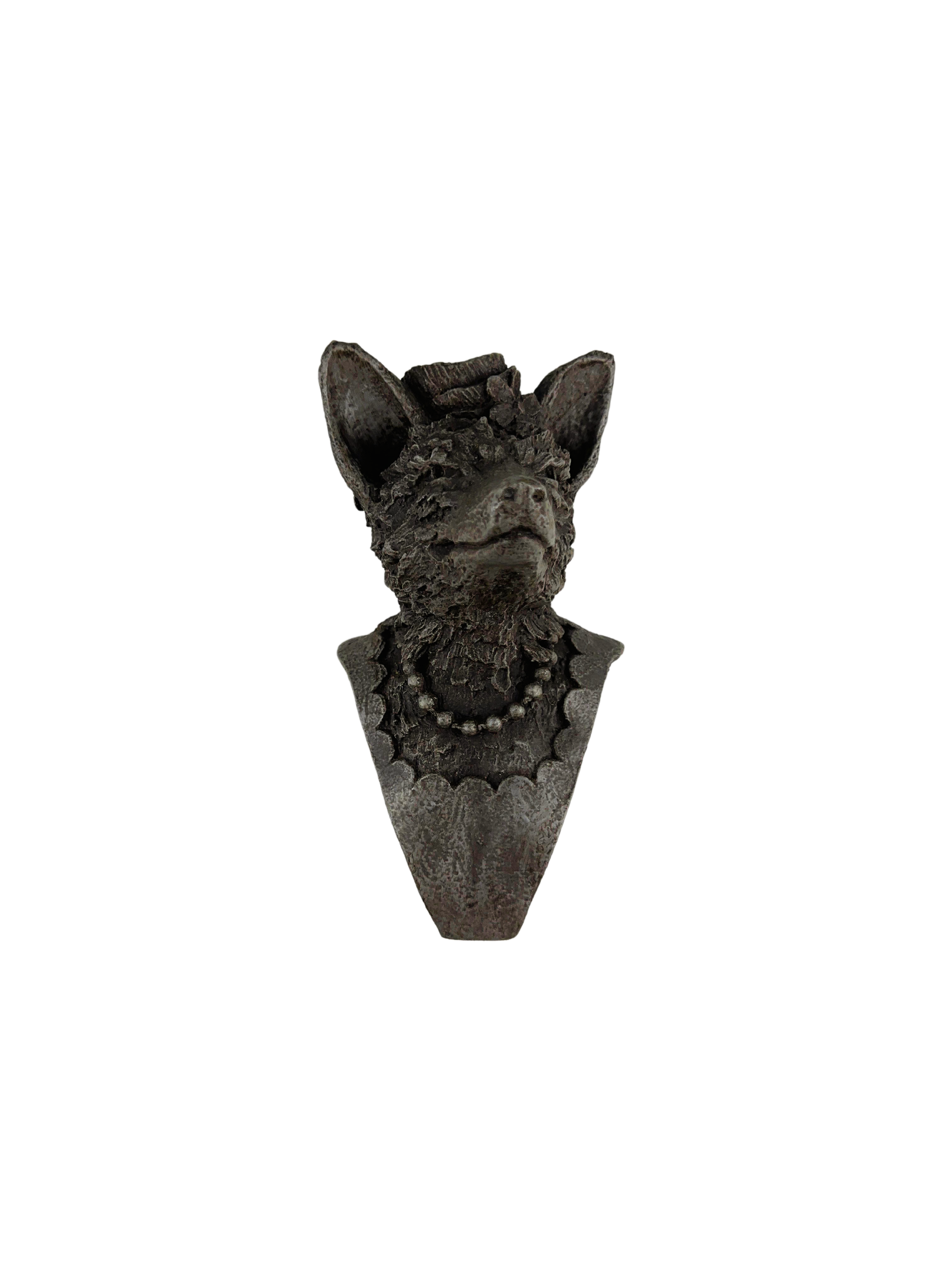 Unique fox wall sculpture with hat and pearls, handcrafted by an artist and perfect for gifting to art lovers