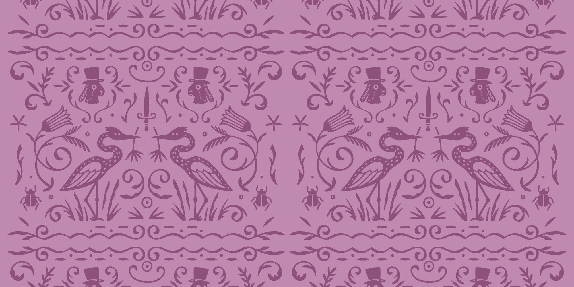 Pattern background featuring whimsical animals and symbols for Port of Curiosity gallery of handcrafted sculptures and affordable works of art