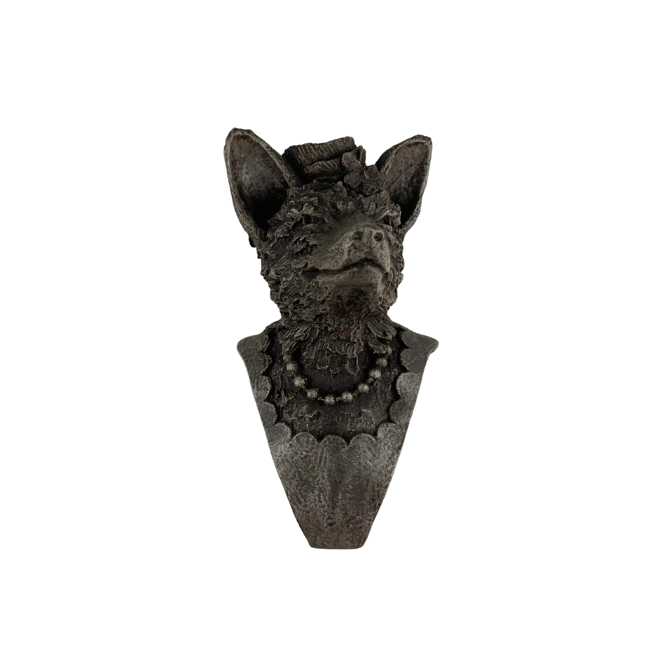 Unique fox wall sculpture with hat and pearls, handcrafted by an artist and perfect for gifting to art lovers
