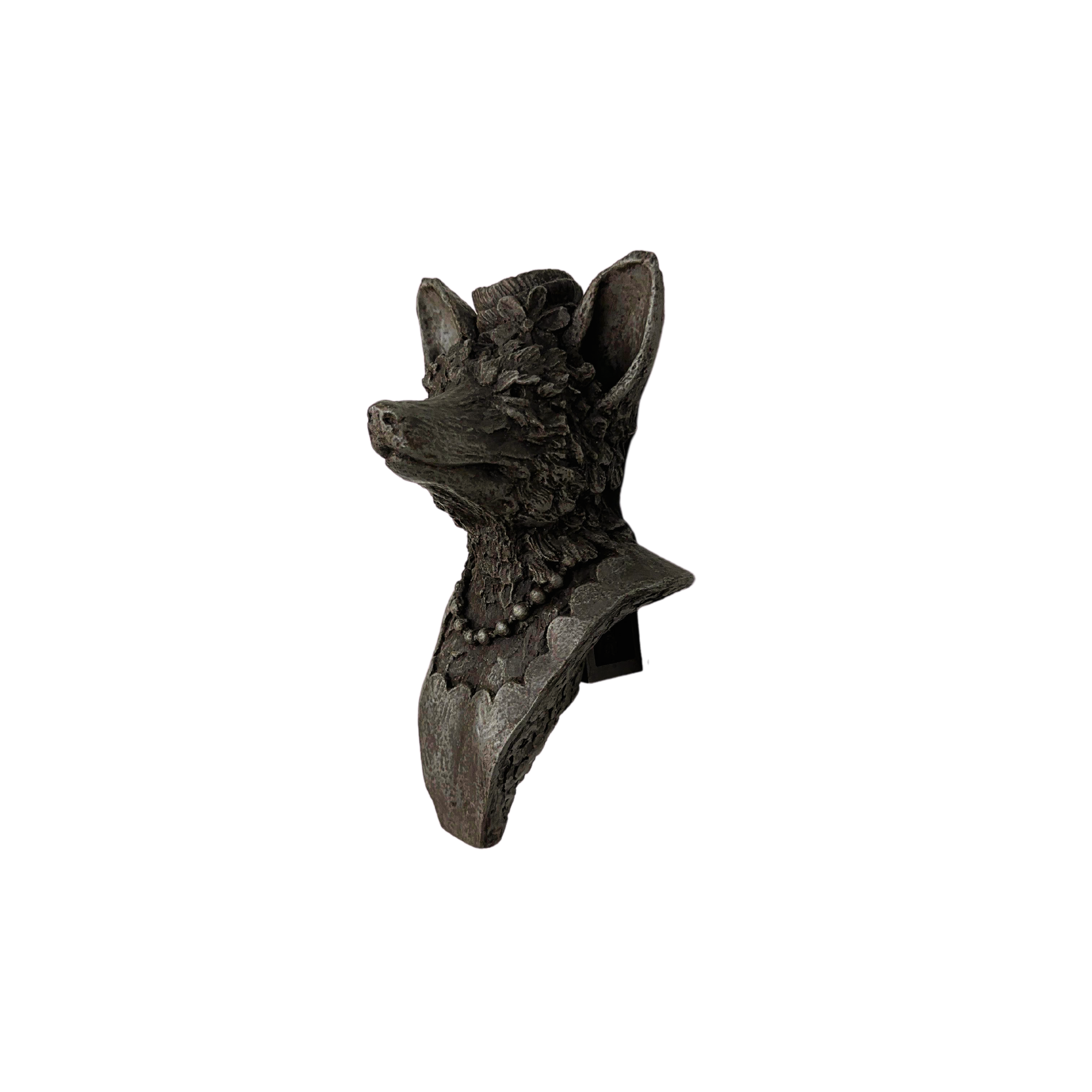 Left profile view, Unique fox wall sculpture with hat and pearls, handcrafted by an artist and perfect for gifting to art lovers