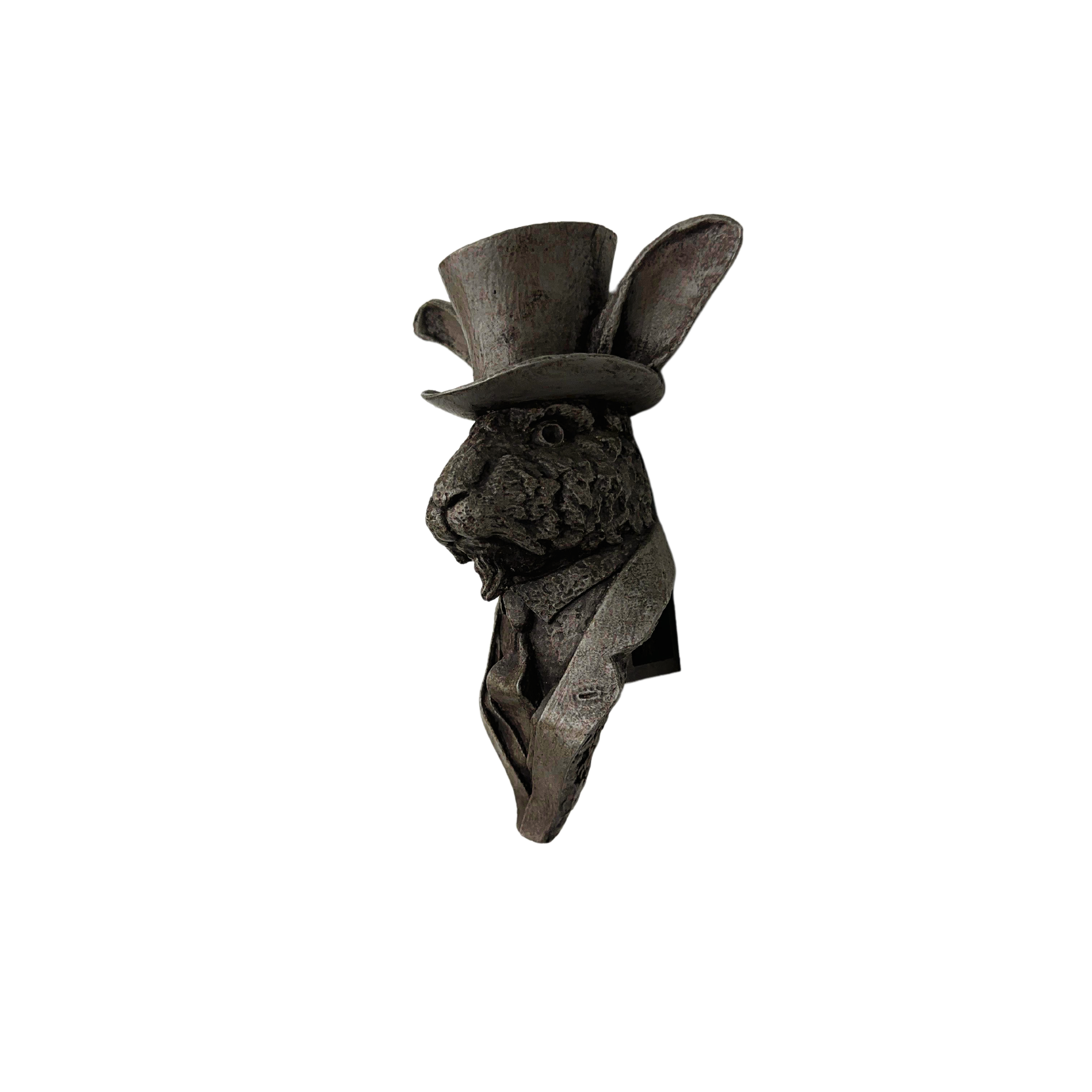 Left profile view, handcrafted rabbit wall sculpture with classic pose and refined details like a top hat and tie, made by an artist, unique and utterly giftable