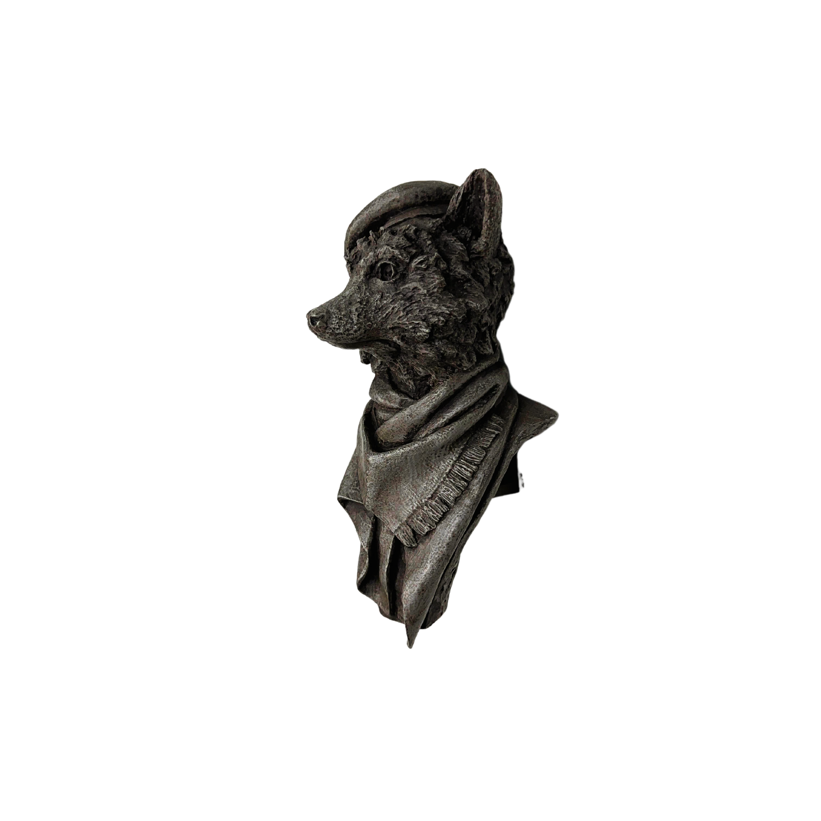 Left profile view of handcrafted whimsical raccoon wall sculpture with beret and scarf, handcrafted by an artist and perfect for collecting or gifting to art lovers.