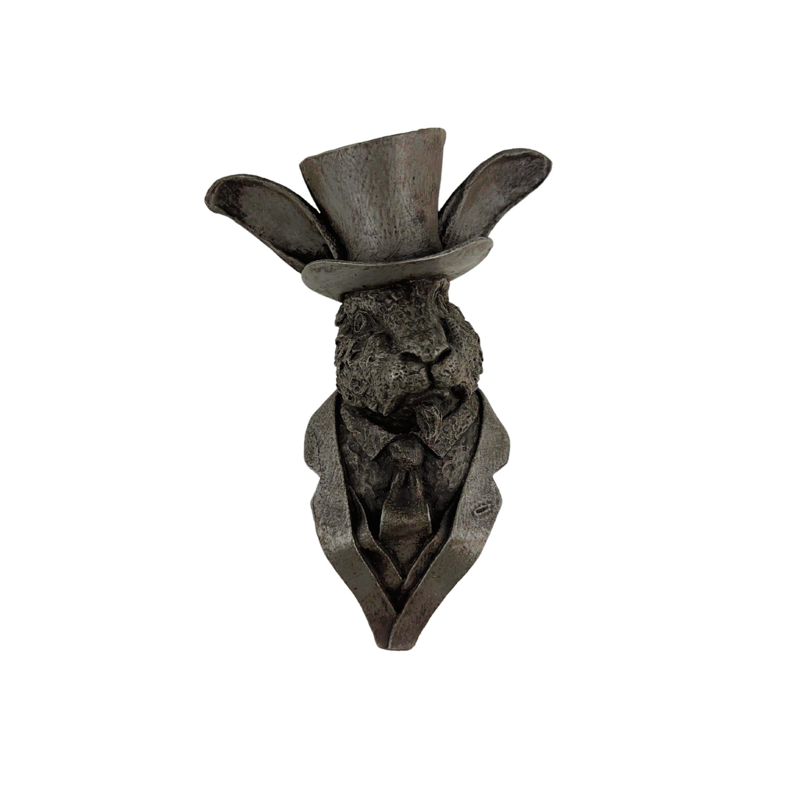 Handcrafted rabbit wall sculpture with classic pose and refined details like a top hat and tie, made by an artist, unique and utterly giftable
