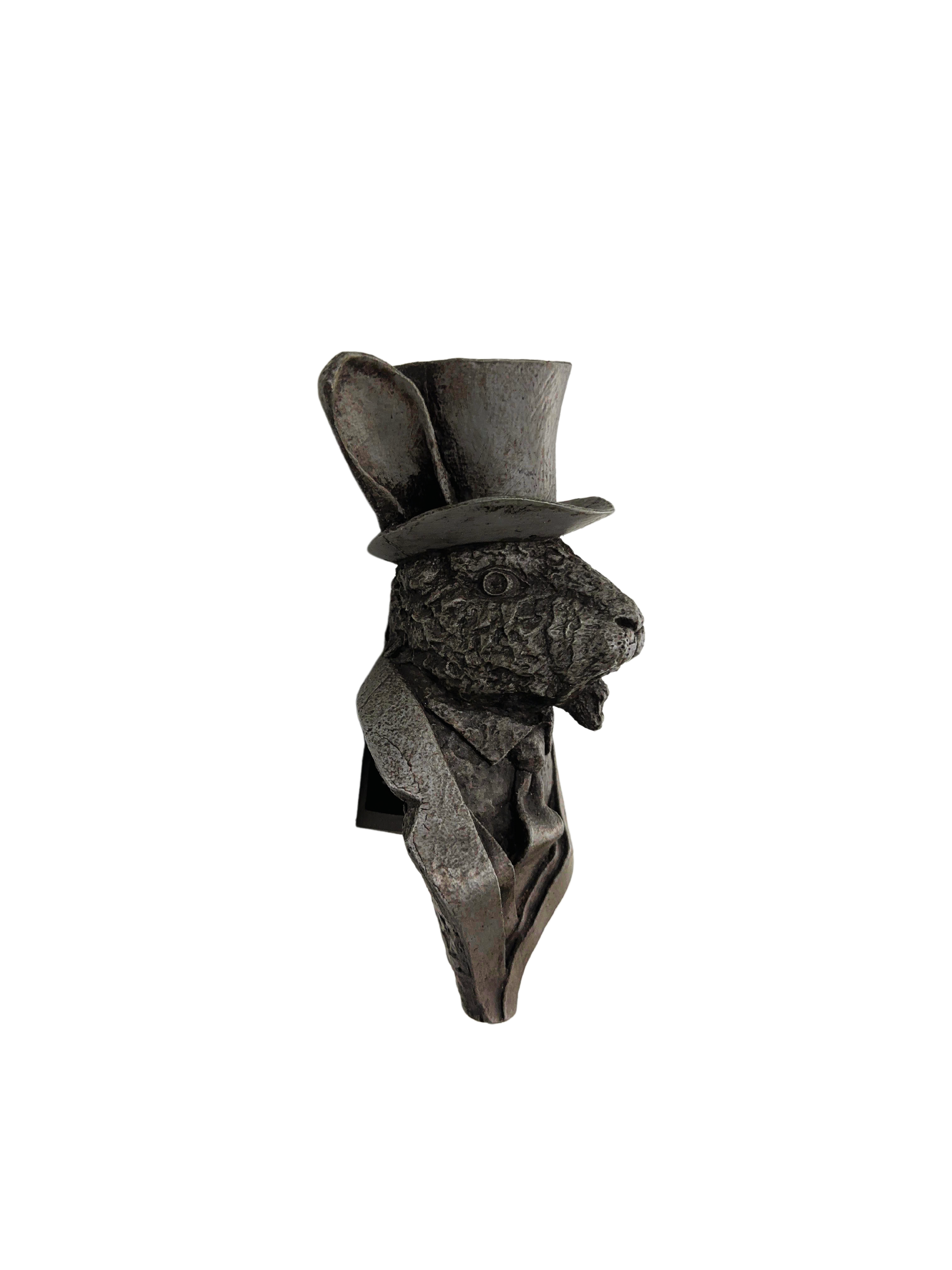 Right profile view, handcrafted rabbit wall sculpture with classic pose and refined details like a top hat and tie, made by an artist, unique and utterly giftable