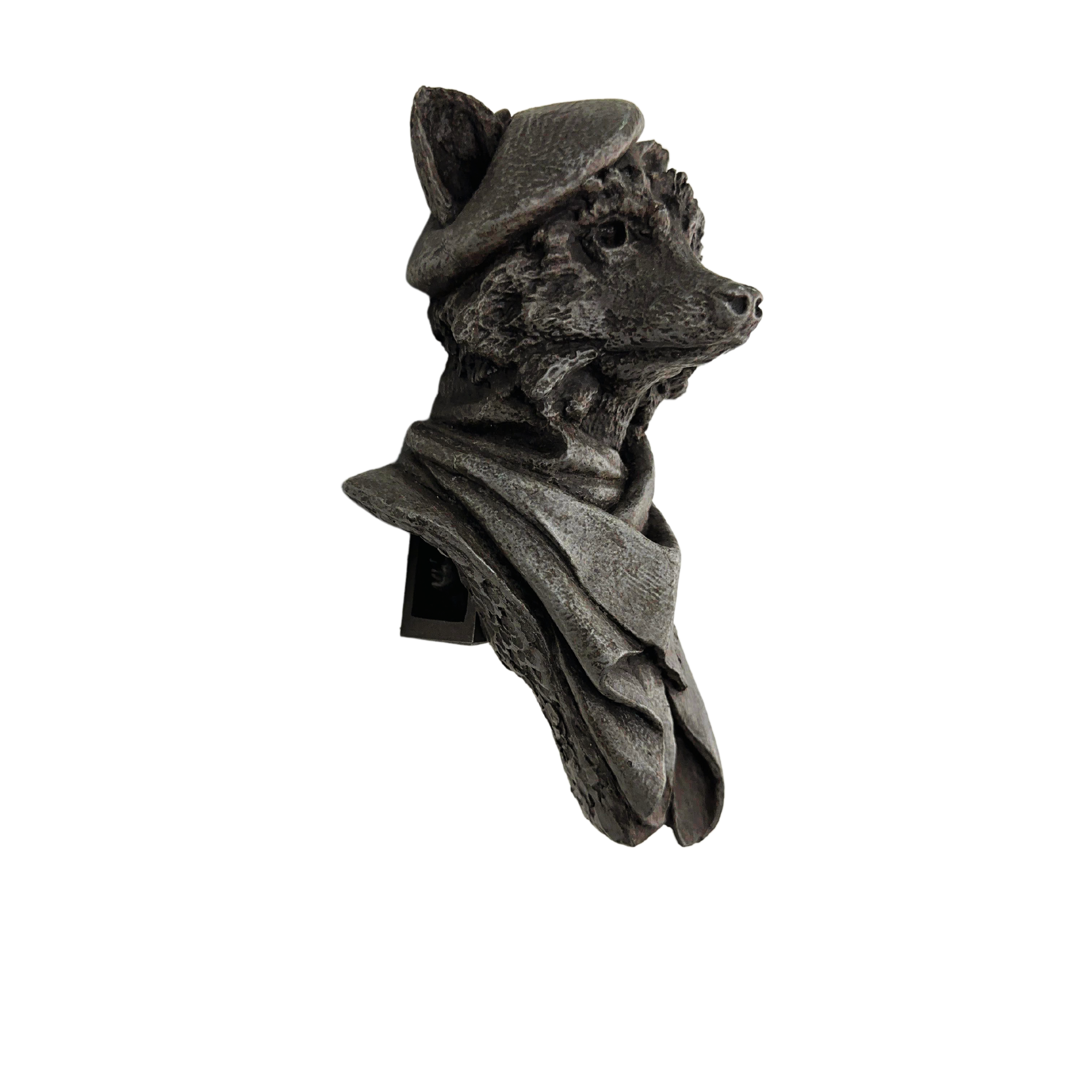 Right profile view of handcrafted whimsical raccoon wall sculpture with beret and scarf, handcrafted by an artist and perfect for collecting or gifting to art lovers.