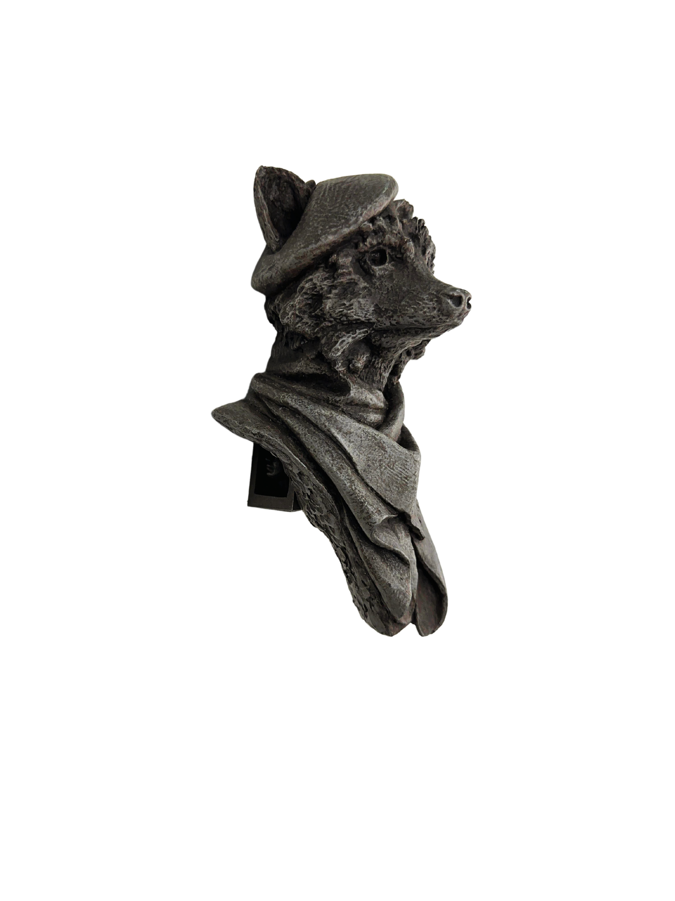 Right profile view of handcrafted whimsical raccoon wall sculpture with beret and scarf, handcrafted by an artist and perfect for collecting or gifting to art lovers.