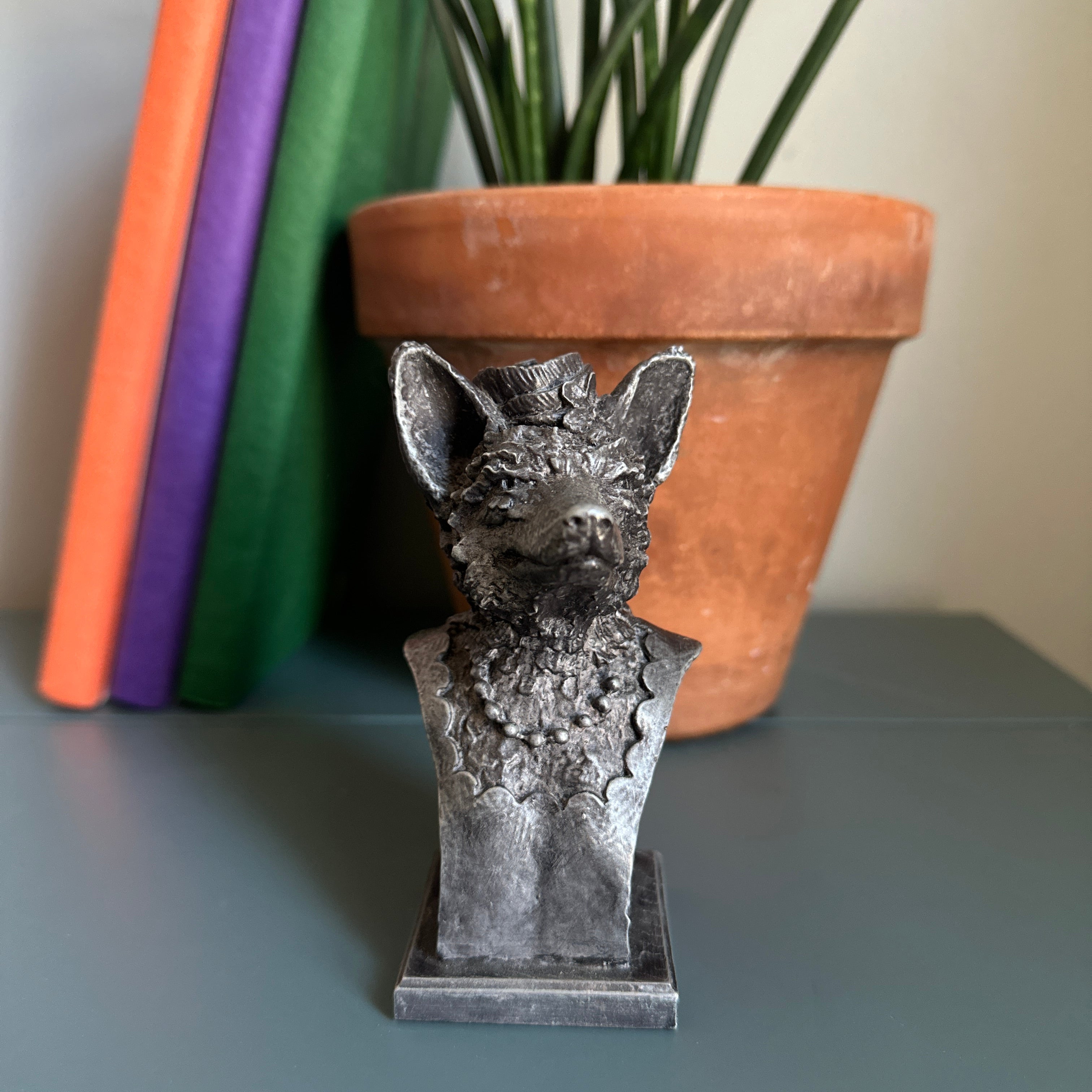 Handcrafted, collectible fox sculpture gift pictured on desk