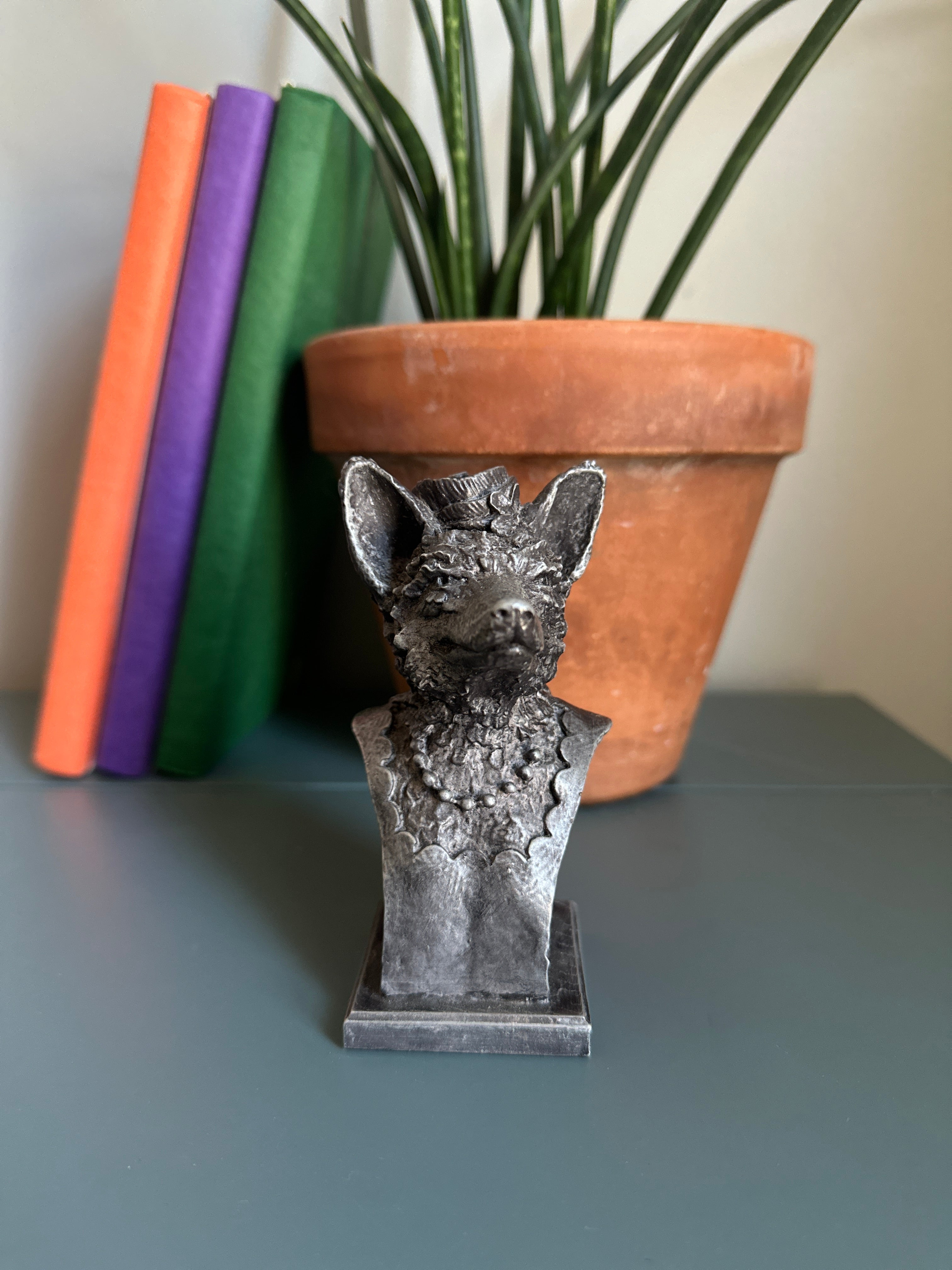 Handcrafted, collectible fox sculpture gift pictured on desk
