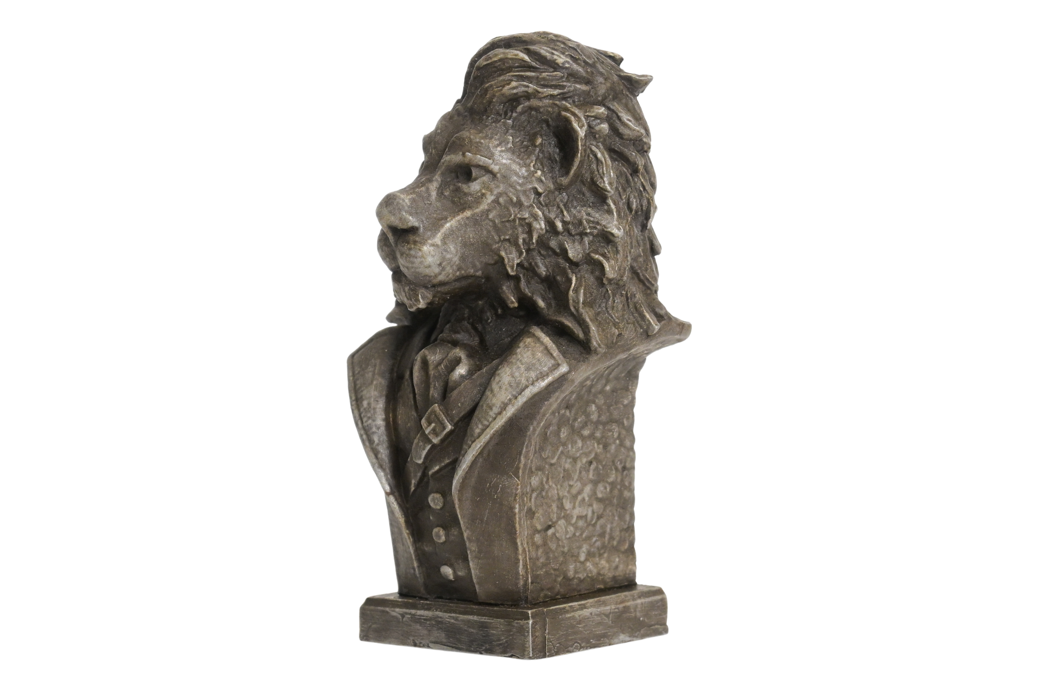 Cast-aluminum sculpture bust of a lion with detailed clothing. Collectible and full of personality.