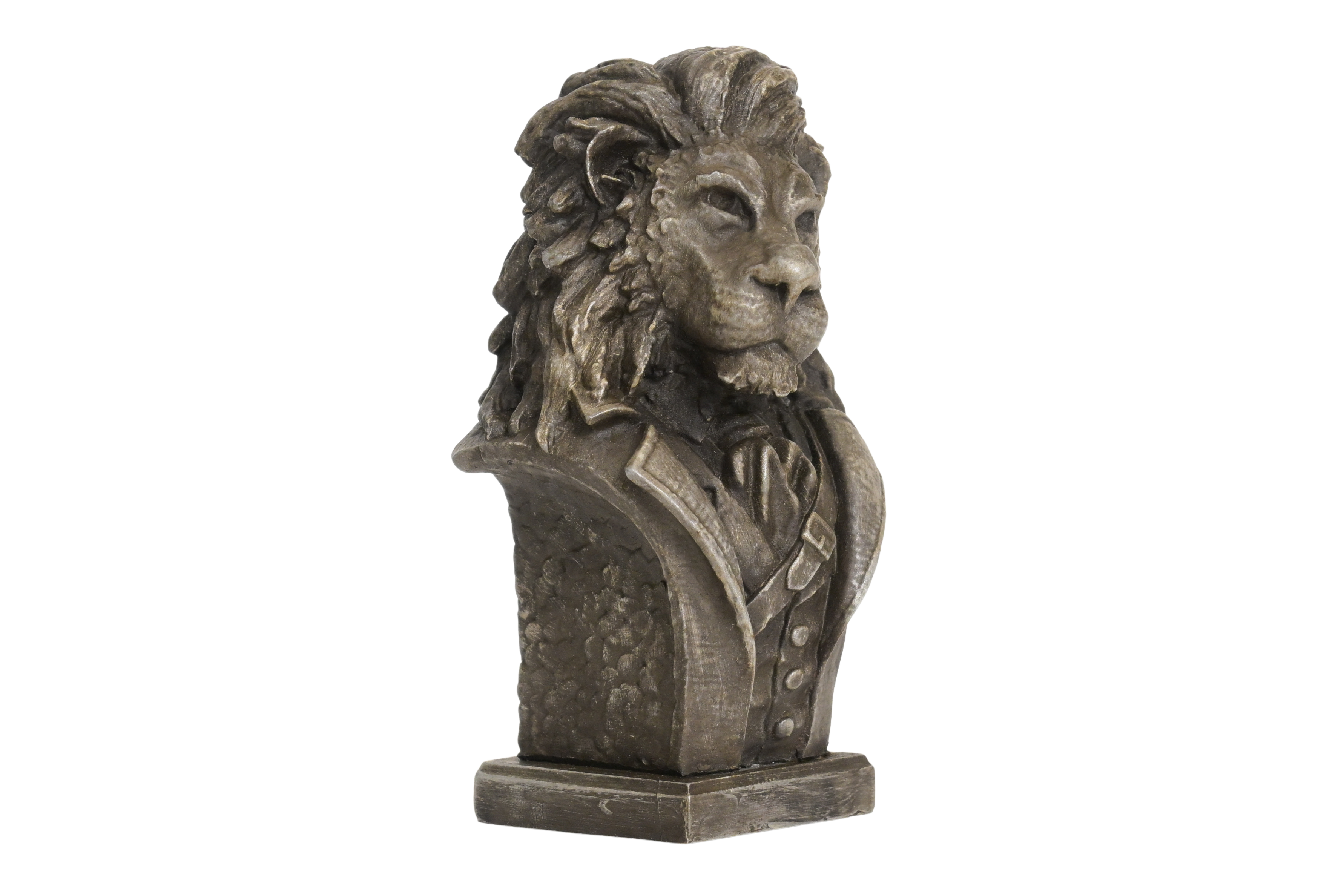 Profile of handcrafted tabletop lion sculpture, showcasing handwork and sculptural details. 