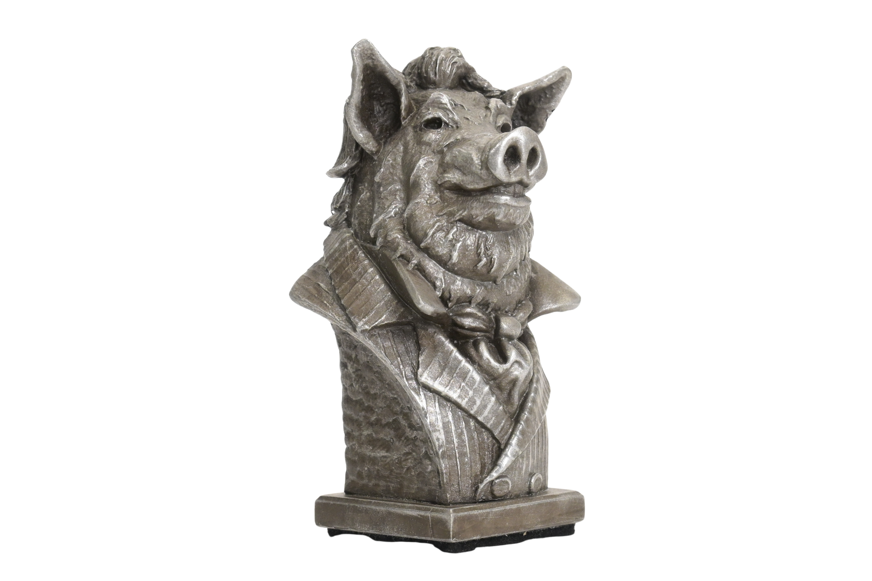 Profile of handcrafted tabletop pig sculpture, showing details of clothing and face, cold-cast in aluminum