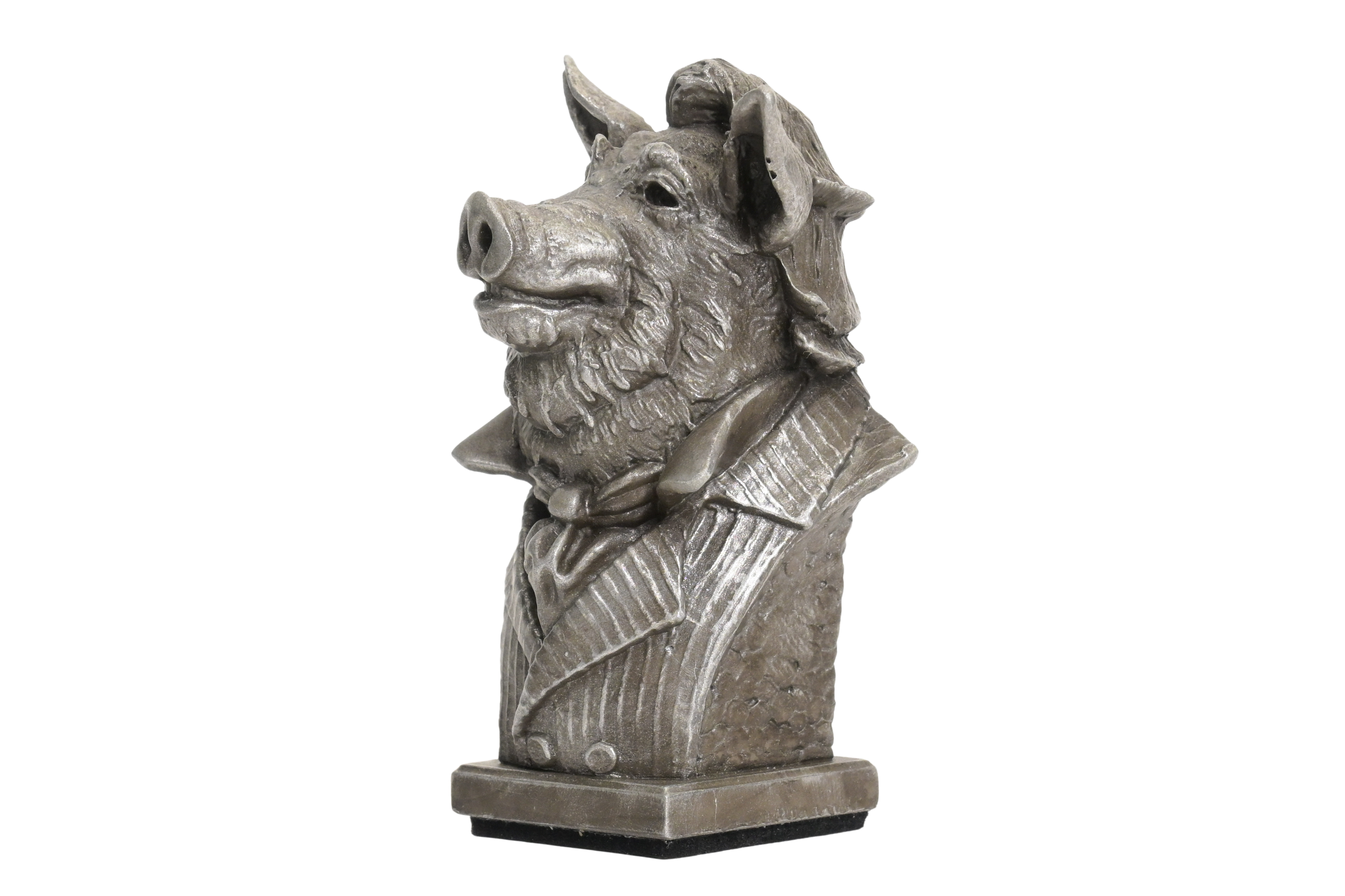 Side view of pig sculpture with close view of detailed, handmade hair and clothing