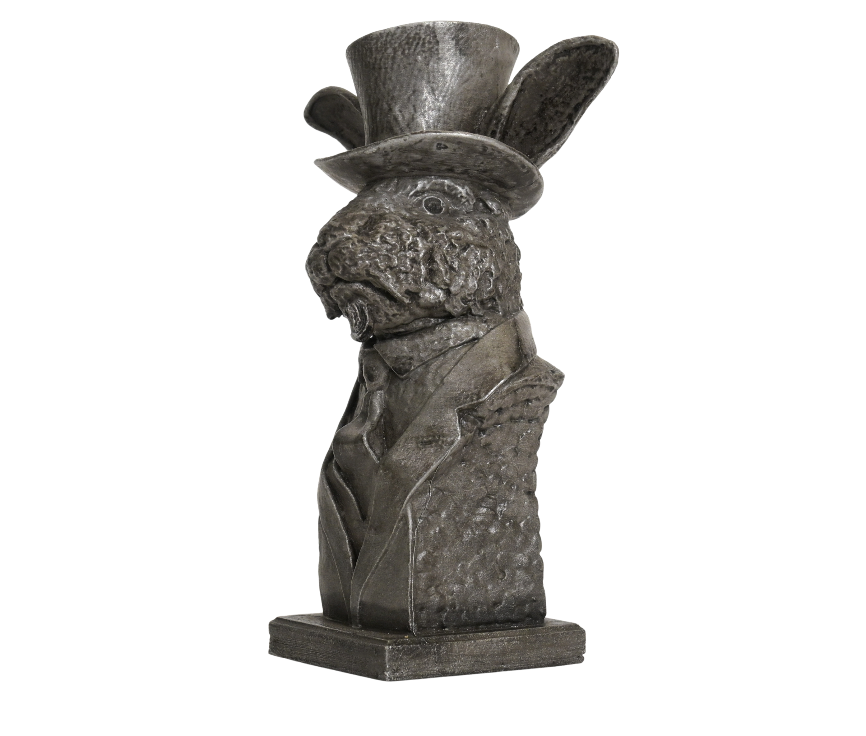 Side view of handmade rabbit sculpture, showing detailed artistry