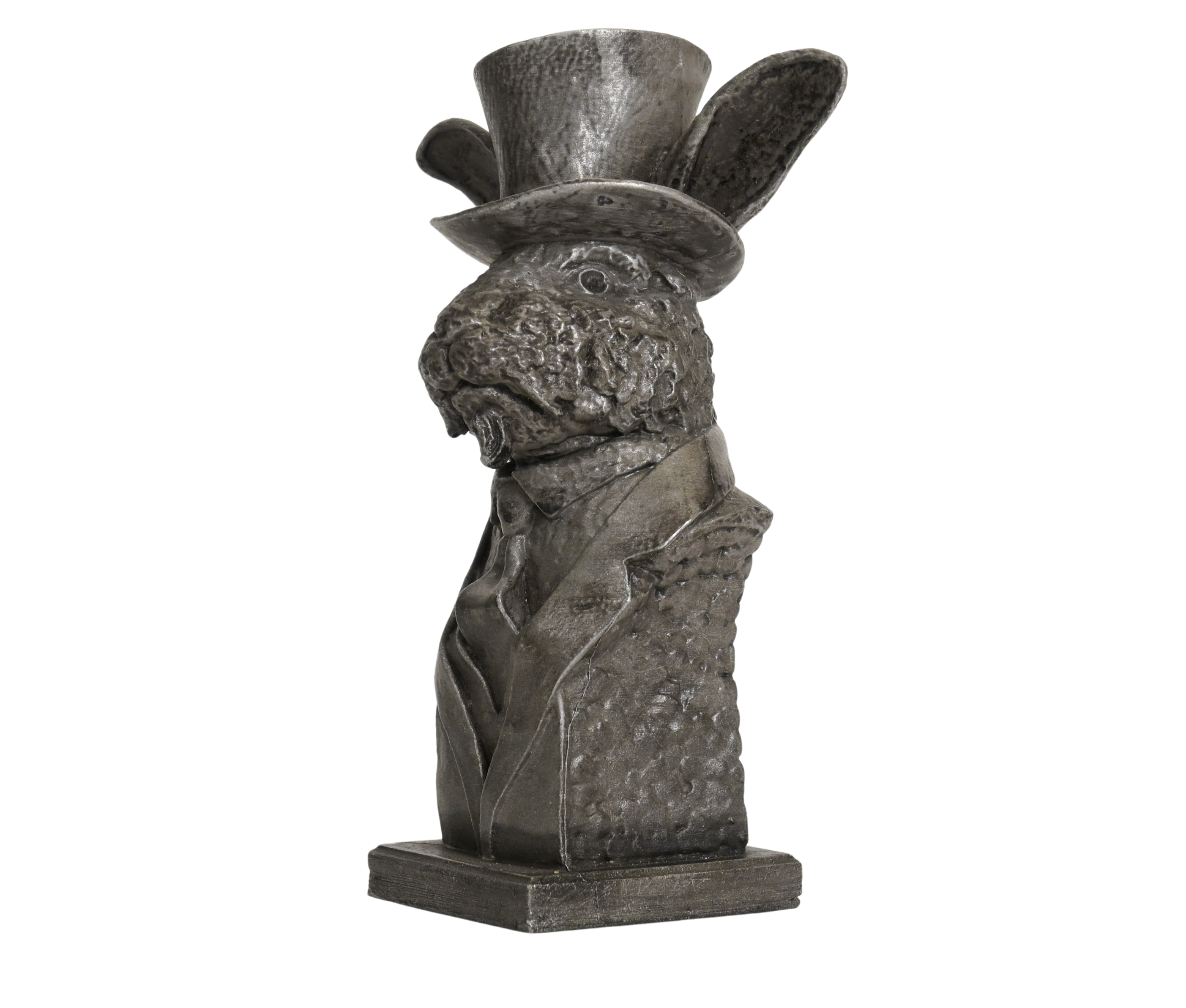 Side view of handmade rabbit sculpture, showing detailed artistry