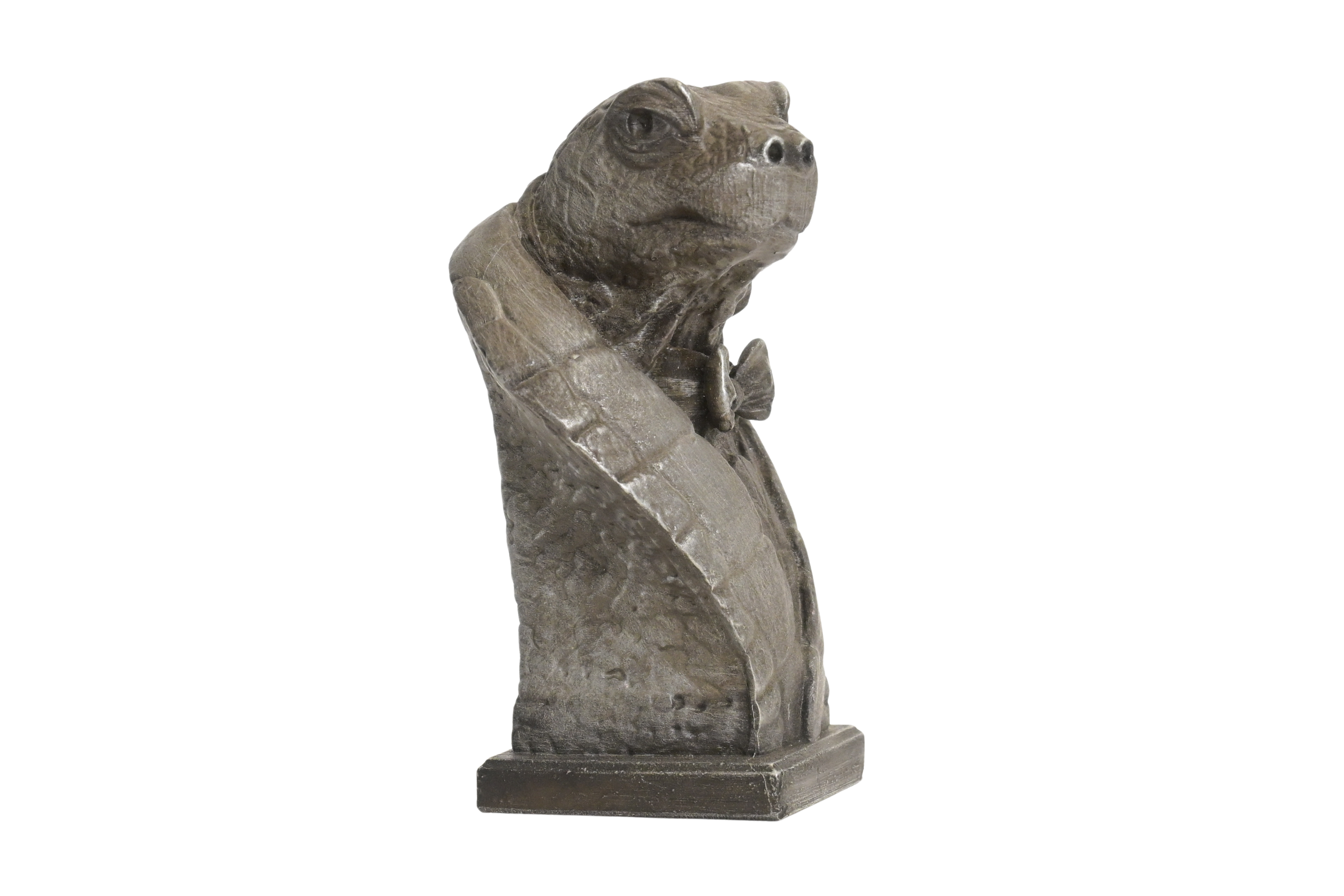 Profile of artist-made turtle sculpture. Handcrafted collectible gift, cold-cast in aluminum.